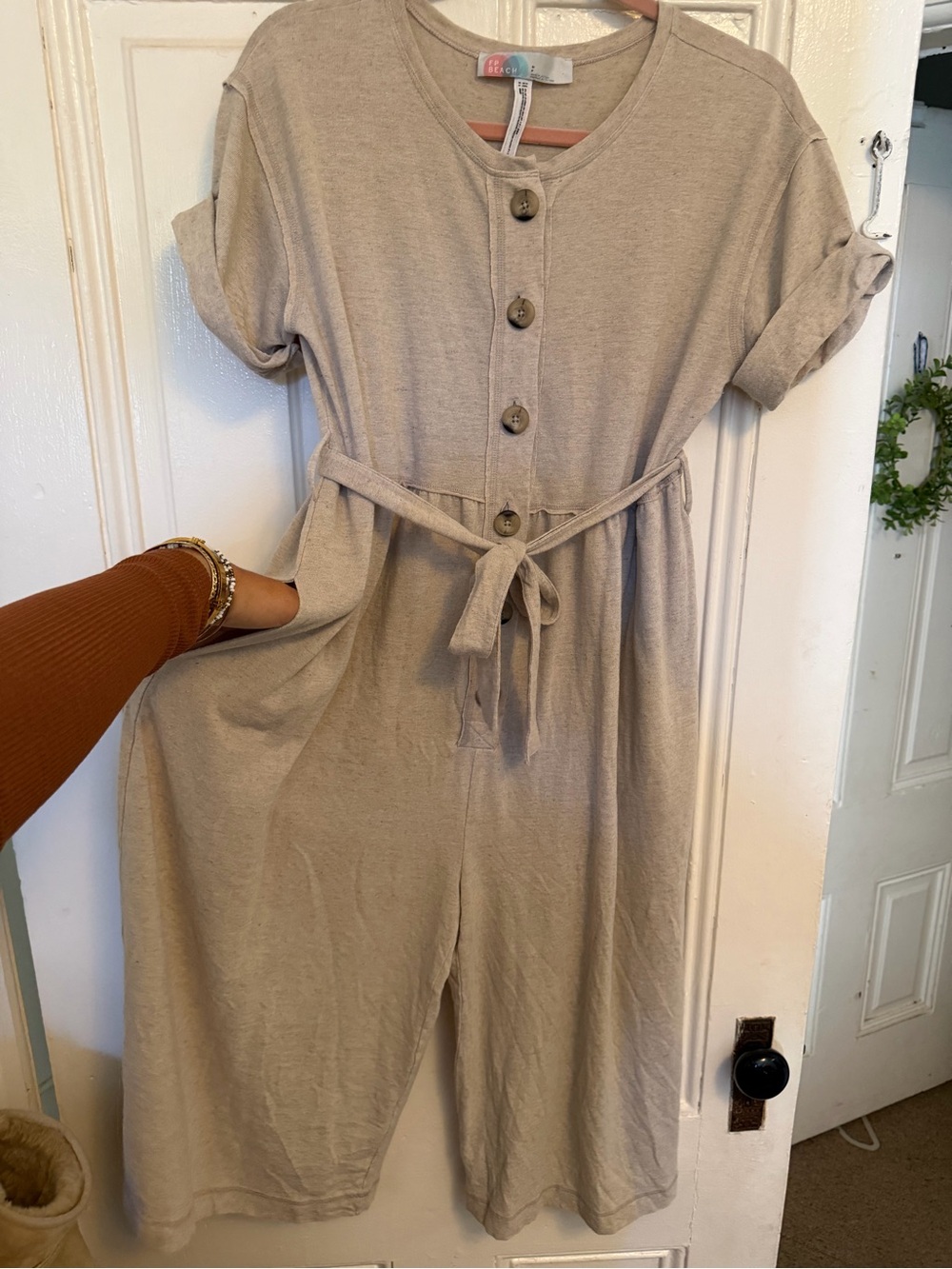 Free people Beige Button-Front Tie-Waist Women's jumpsuit size small oversized